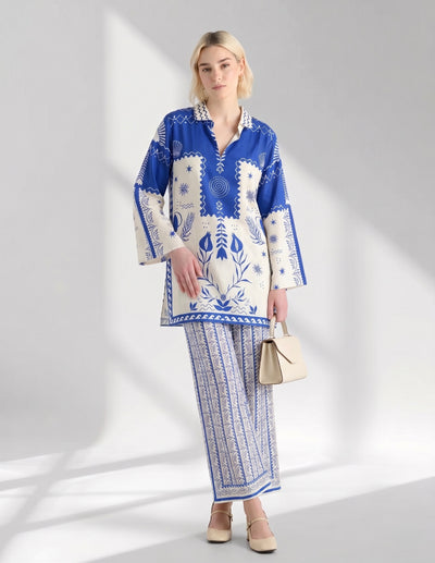 Two-Piece Geometric Floral Tunic and Trouser Set