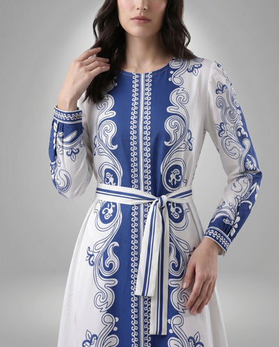 Blue and White Baroque Print Maxi Dress with Tie Belt