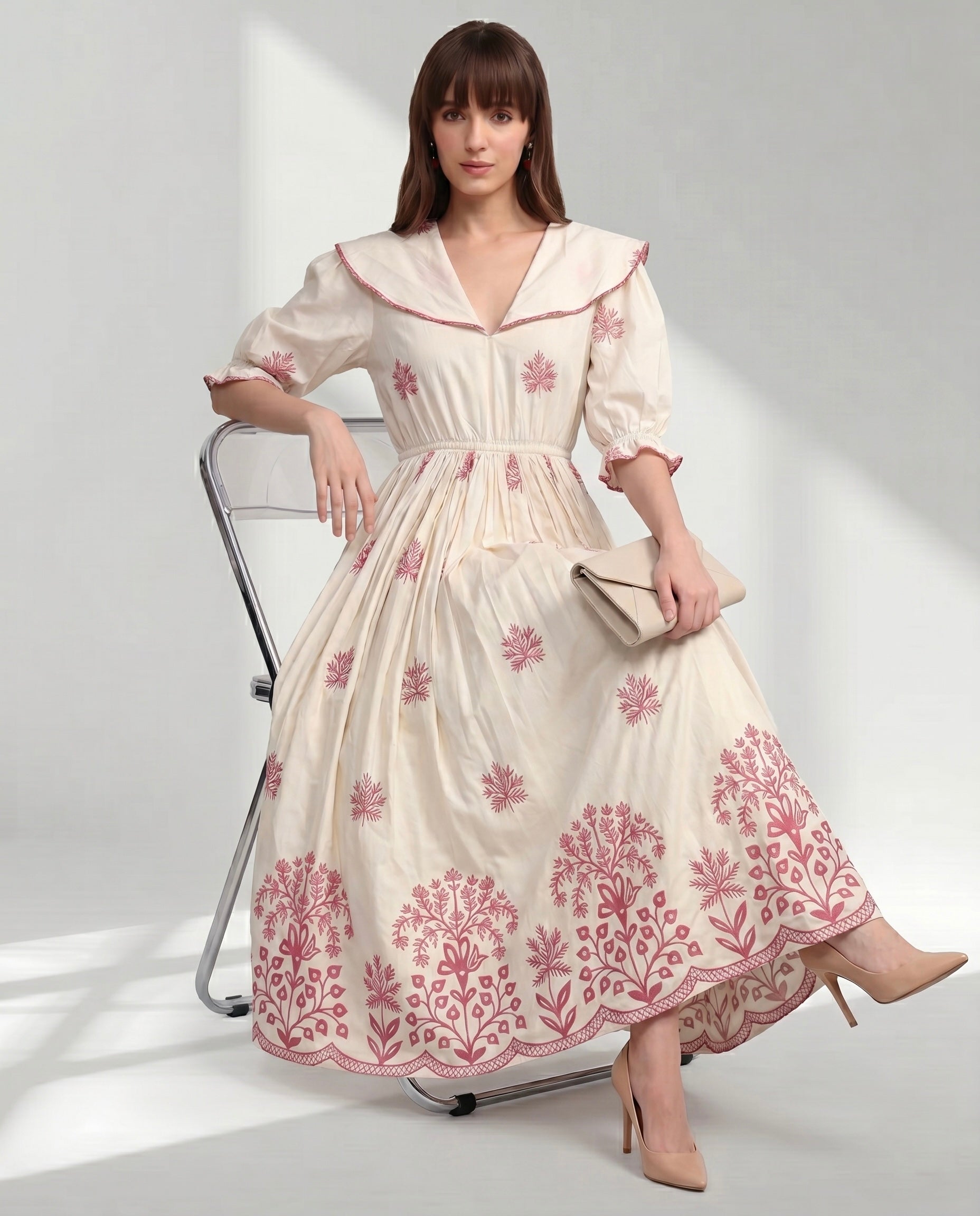 Cream V-Neck Gathered Waist Dress with Pink Embroidery look print