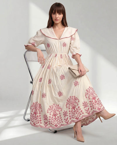 Cream V-Neck Gathered Waist Dress with Pink Embroidery look print