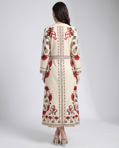 Red and Charcoal Botanical Border Dress