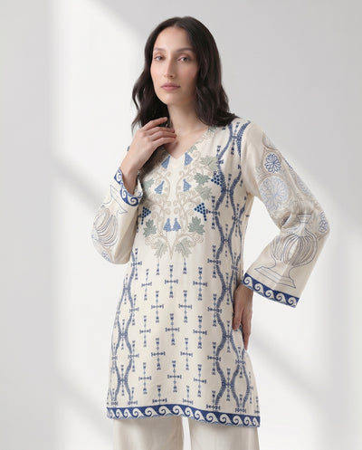 Women’s Ivory Blue Floral Printed Straight Kurti with Wide-Leg Palazzo Set