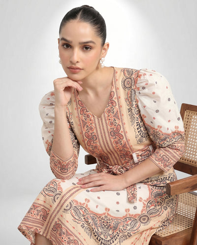Women's V-Neck Bandana Motif Tie-Waist Dress