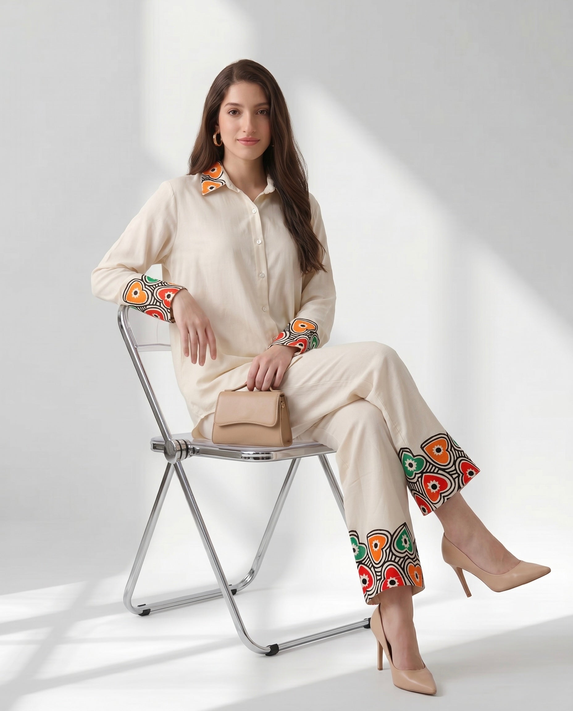 Ivory Button-Down Co-ord with Abstract Border Print