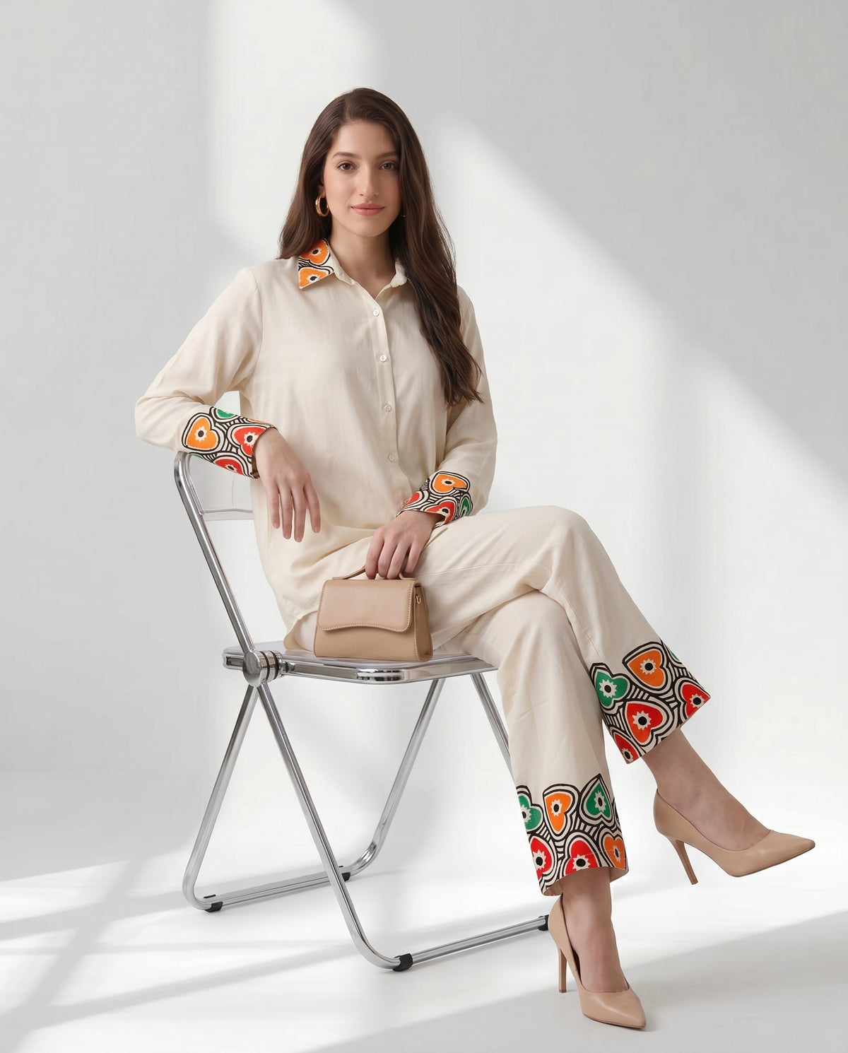 Ivory Button-Down Co-ord with Abstract Border Print