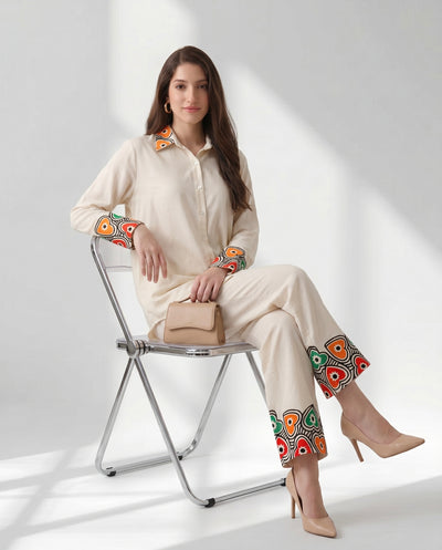Ivory Button-Down Co-ord with Abstract Border Print