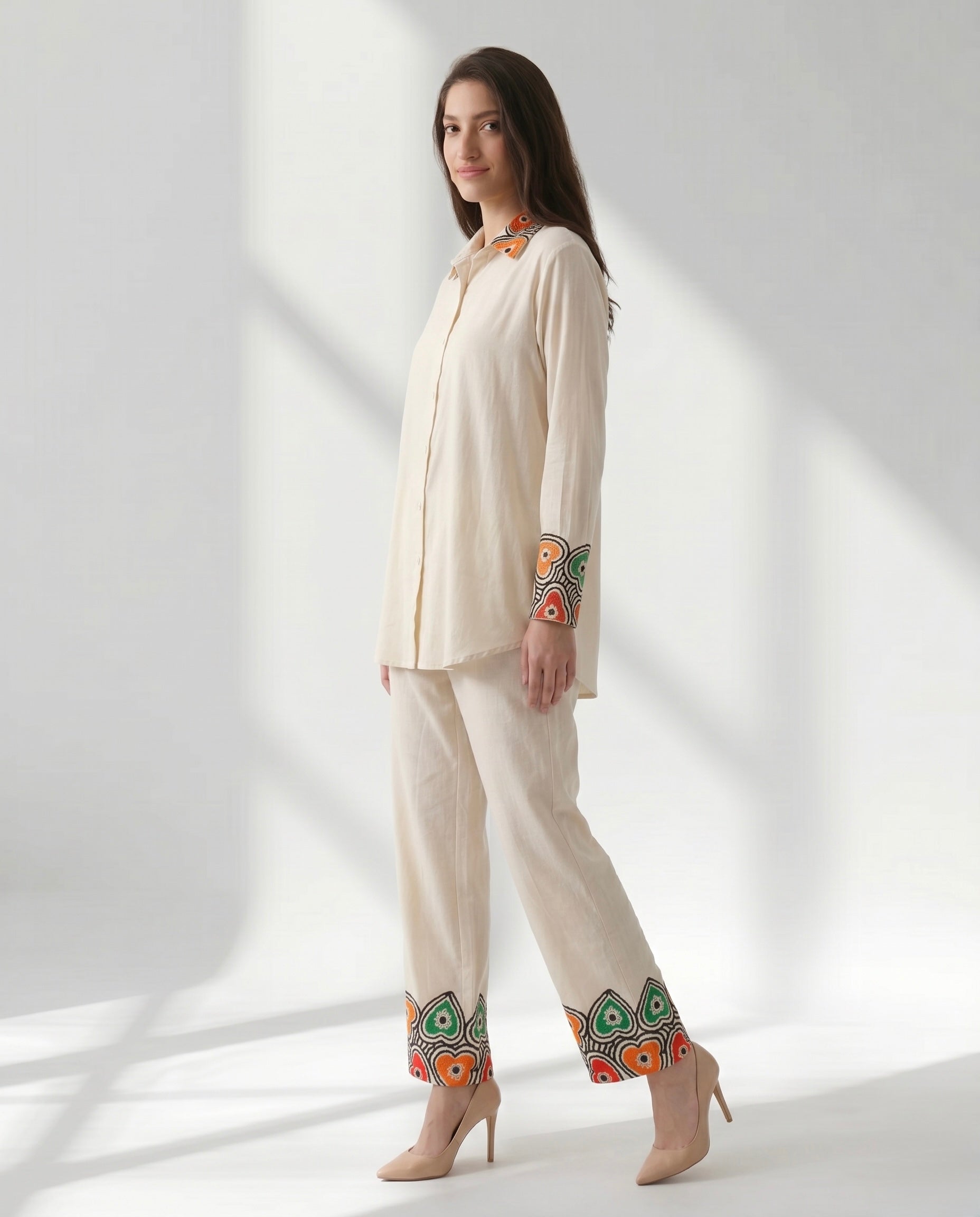 Ivory Button-Down Co-ord with Abstract Border Print