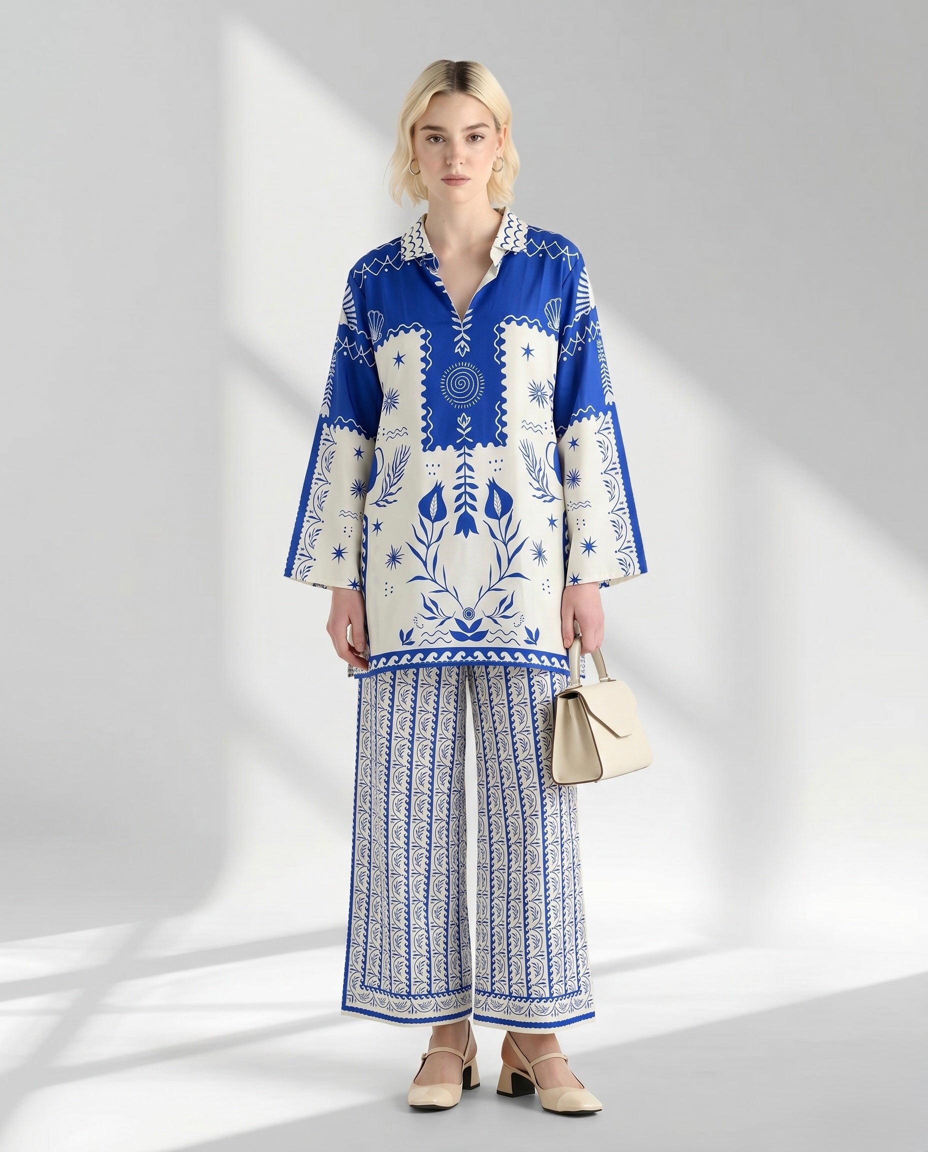 Two-Piece Geometric Floral Tunic and Trouser Set