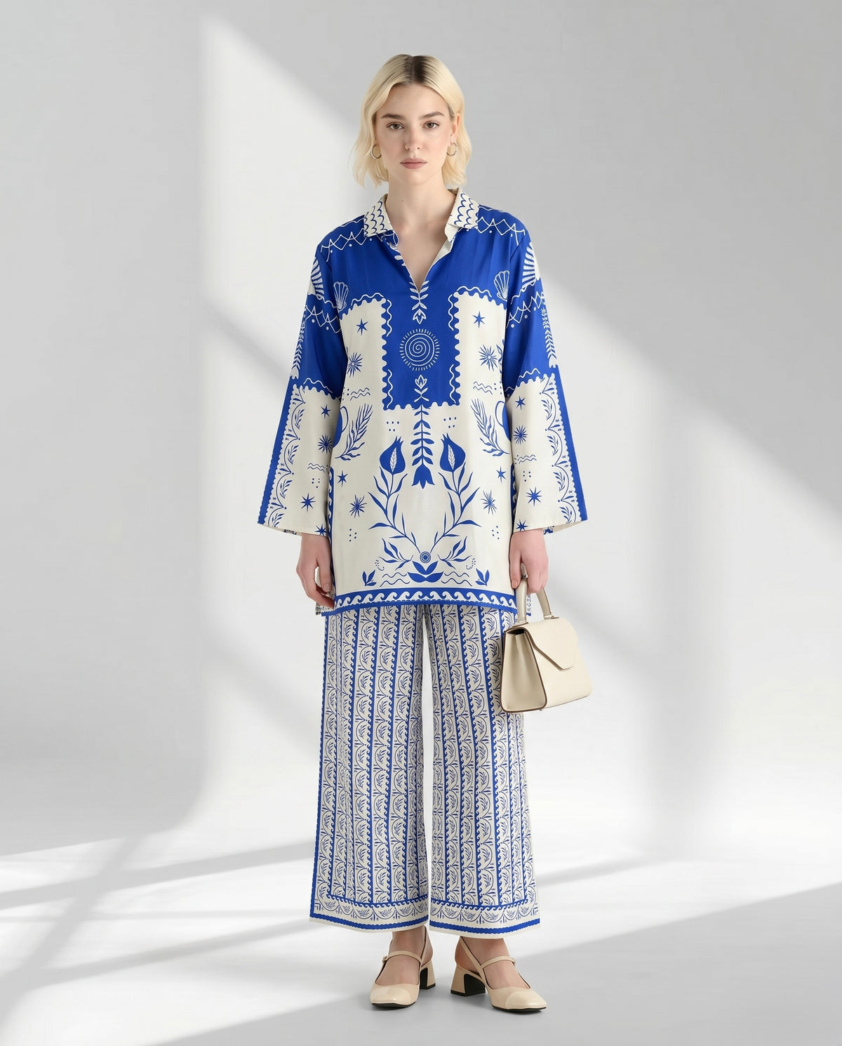Two-Piece Geometric Floral Tunic and Trouser Set