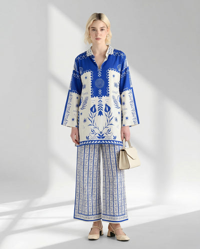 Two-Piece Geometric Floral Tunic and Trouser Set