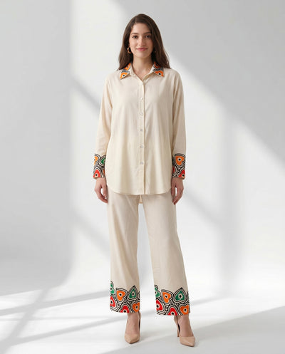 Ivory Button-Down Co-ord with Abstract Border Print
