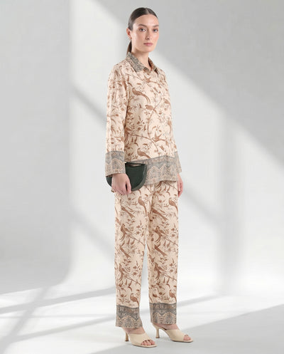 Women's Vintage Bird Motif Silk-Feel Lounge Set