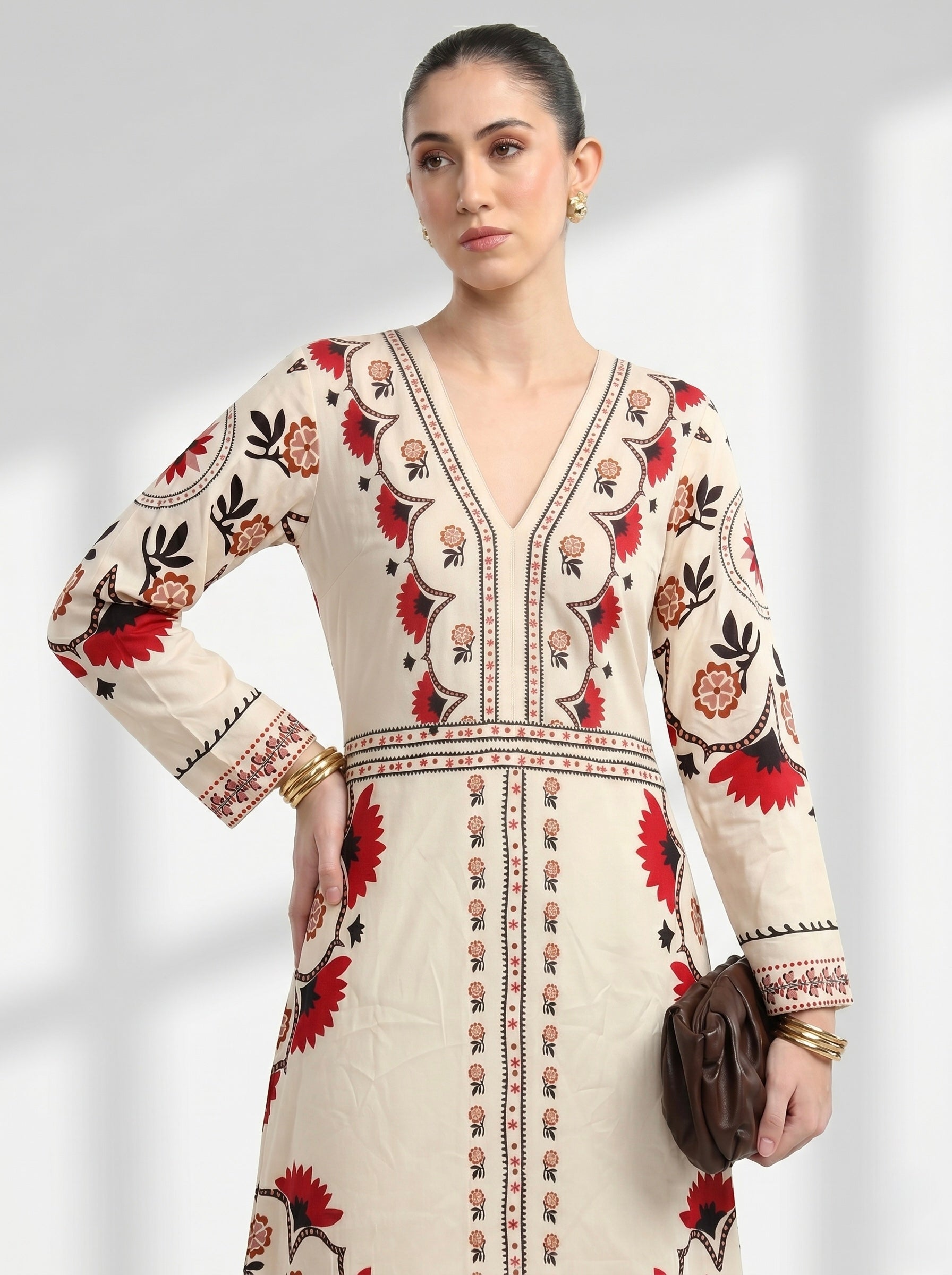 Red and Charcoal Botanical Border Dress
