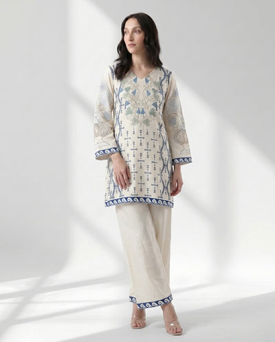 Women’s Ivory Blue Floral Printed Straight Kurti with Wide-Leg Palazzo Set