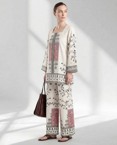 Cream and Charcoal Floral Motif Two-Piece Lounge Set