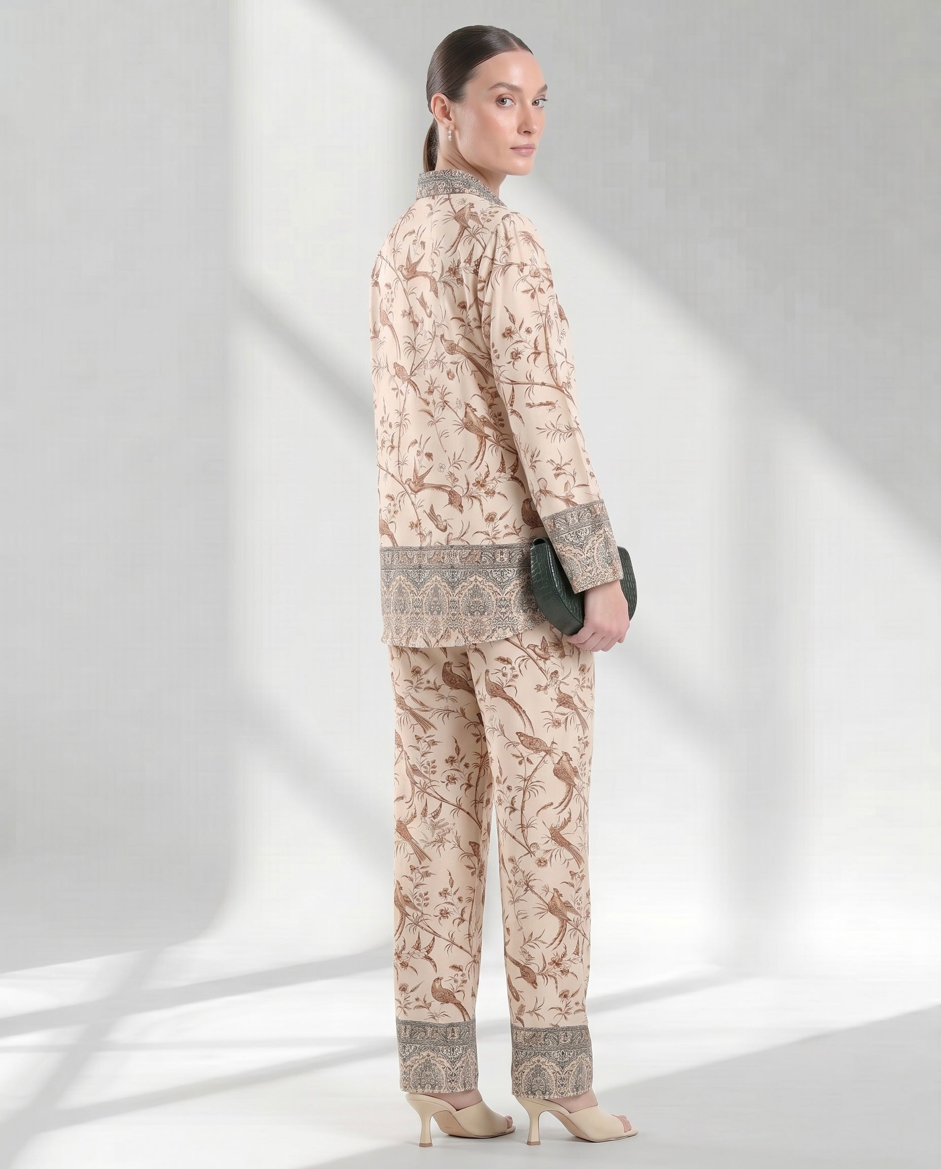 Women's Vintage Bird Motif Silk-Feel Lounge Set