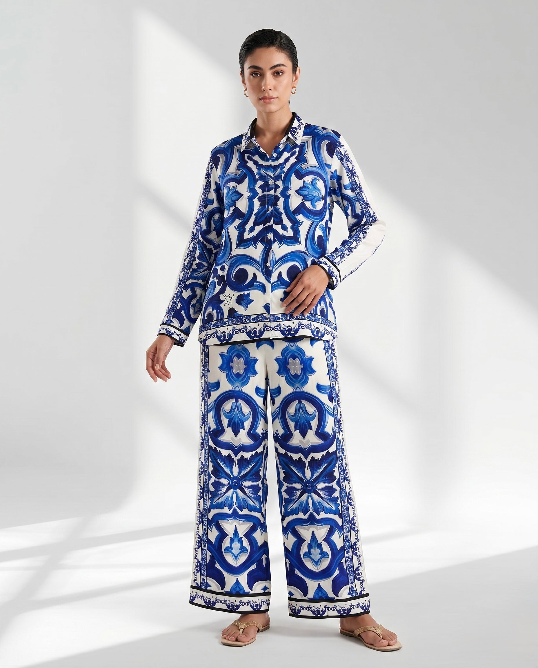 Luxury Blue & White Mediterranean Print Co-Ord Set