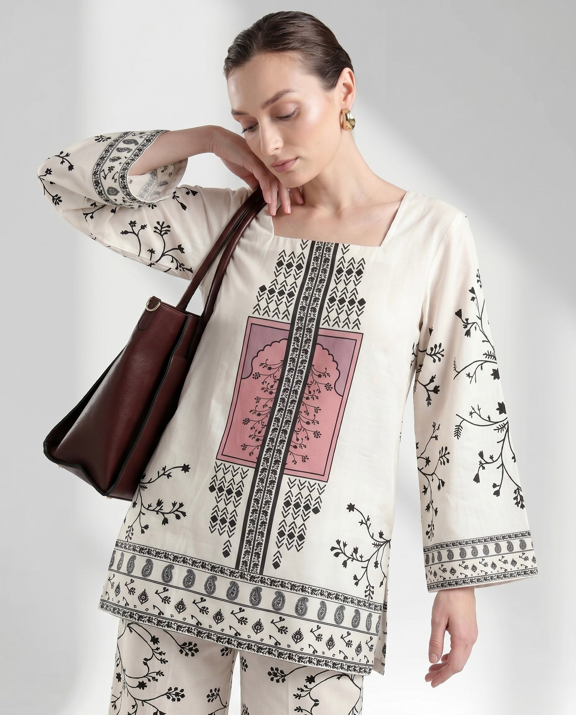 Cream and Charcoal Floral Motif Two-Piece Lounge Set