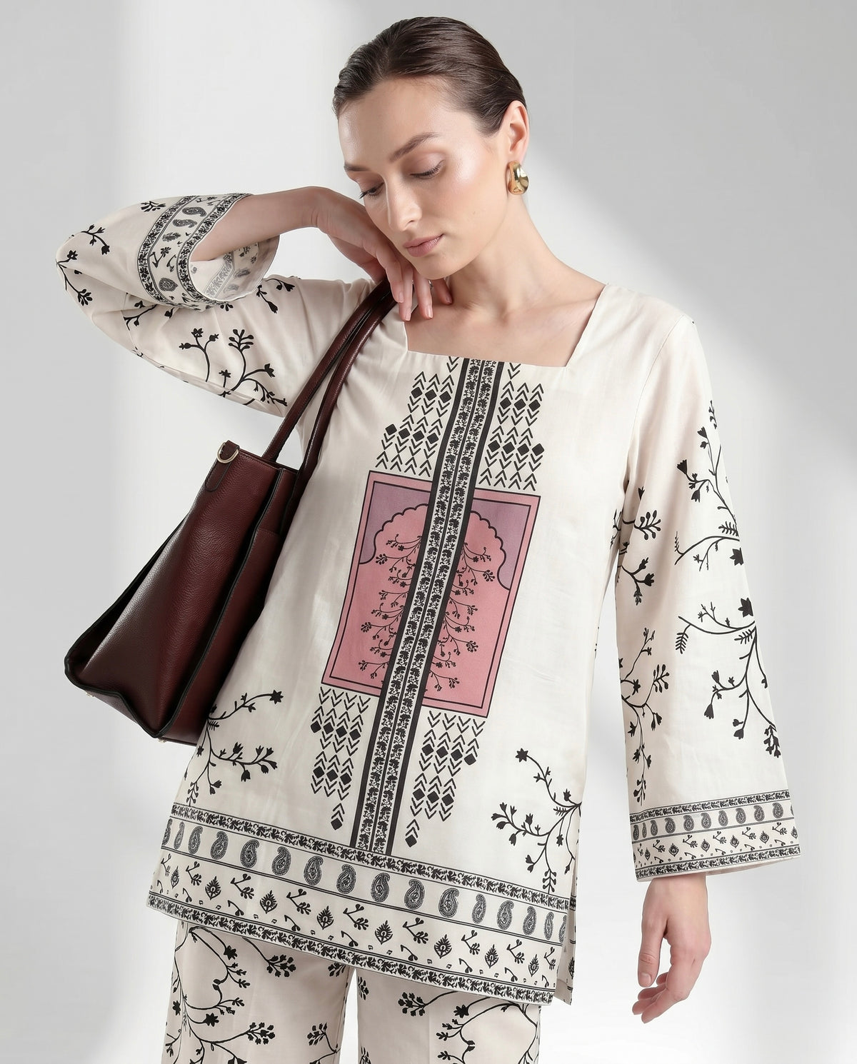 Cream and Charcoal Floral Motif Two-Piece Lounge Set