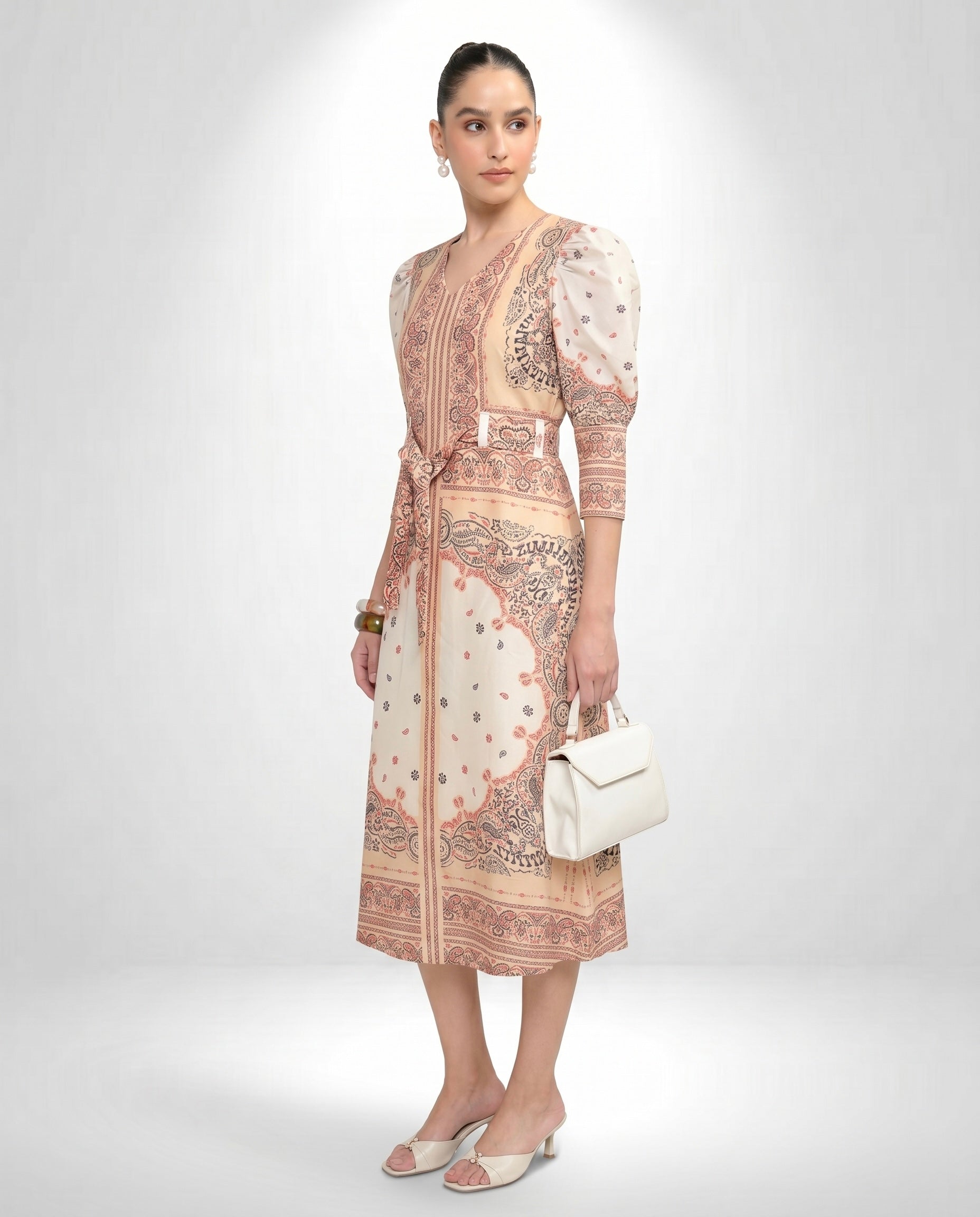 Women's V-Neck Bandana Motif Tie-Waist Dress
