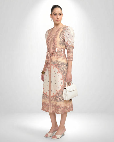 Women's V-Neck Bandana Motif Tie-Waist Dress