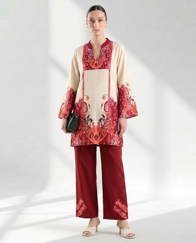 Red Paisley Border Print Two-Piece Lounge Set