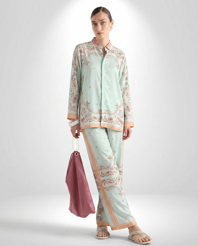 Mint Green Paisley Print Shirt & Wide-Leg Pants Co-Ord Set