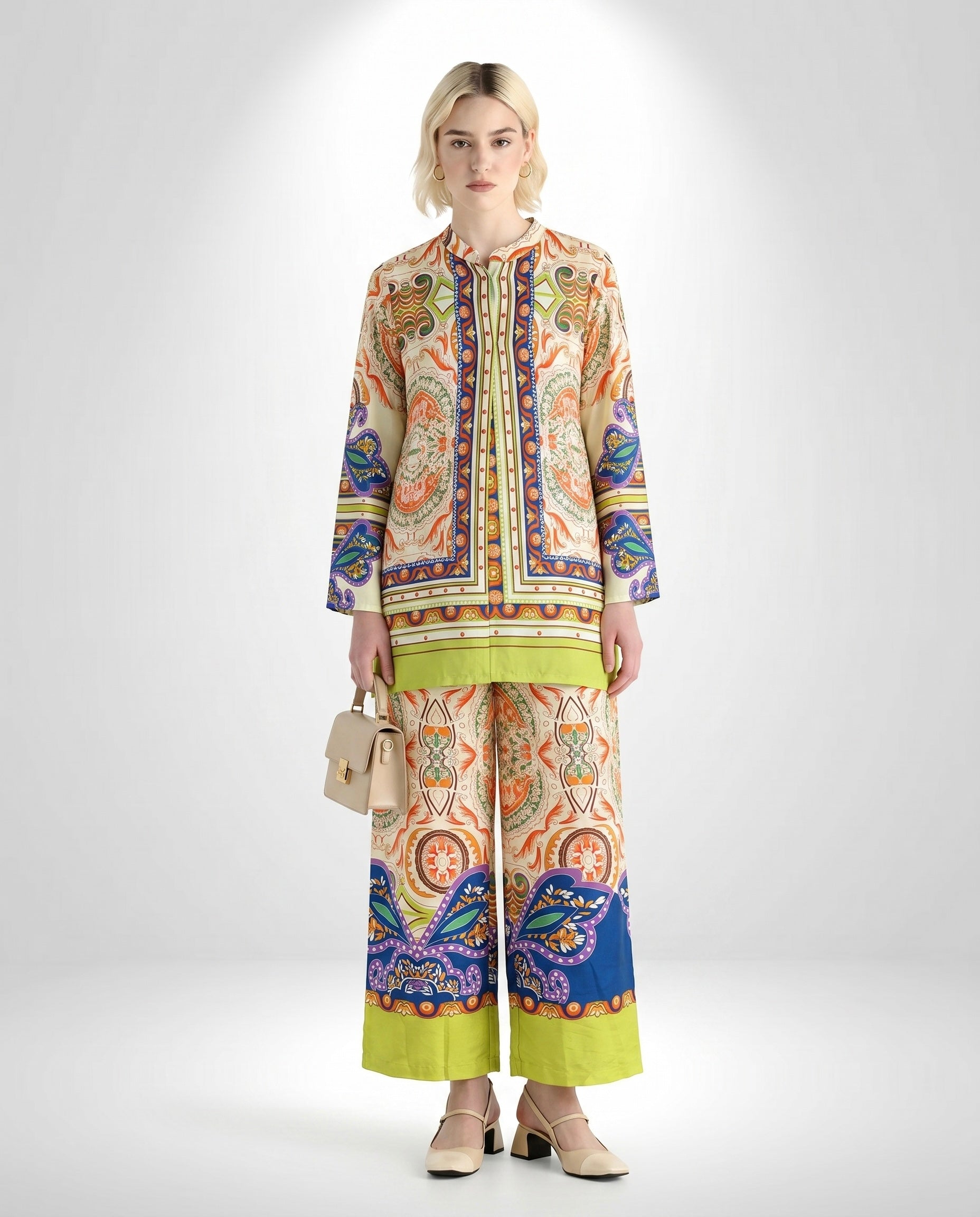 Multi-Color Paisley Print Tunic and Wide-Leg Pant Set