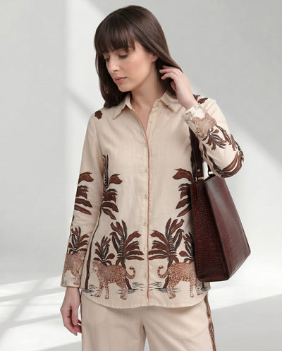 Women's Leopard Motif Shirt and Wide-Leg Trouser Set