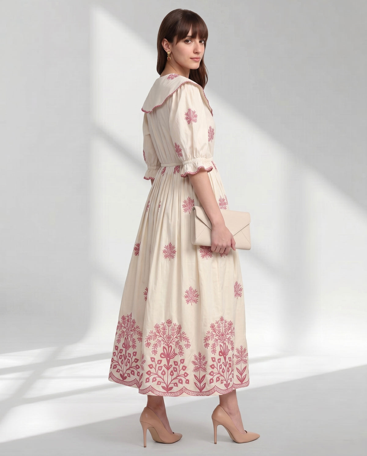 Cream V-Neck Gathered Waist Dress with Pink Embroidery look print