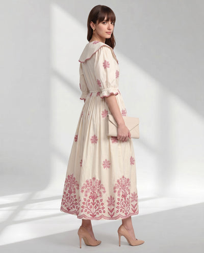 Cream V-Neck Gathered Waist Dress with Pink Embroidery look print