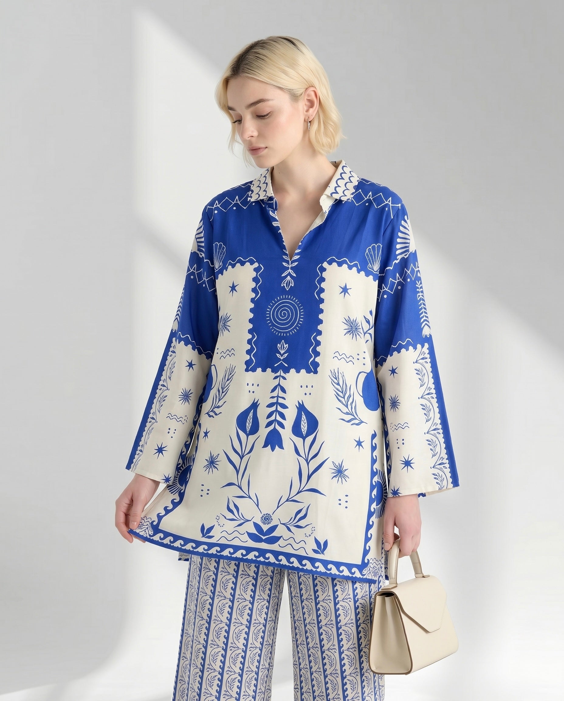 Two-Piece Geometric Floral Tunic and Trouser Set
