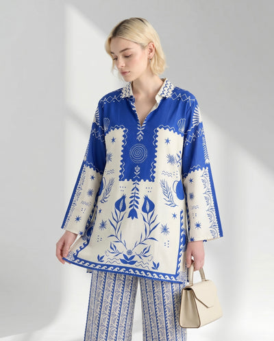 Two-Piece Geometric Floral Tunic and Trouser Set