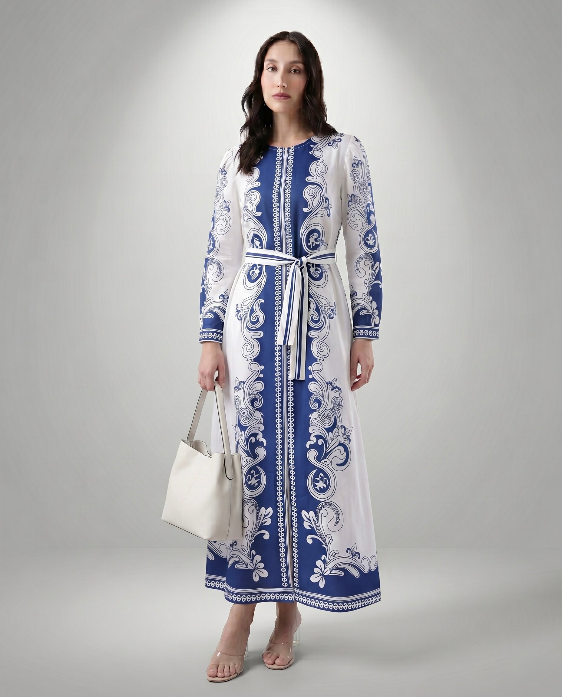 Blue and White Baroque Print Maxi Dress with Tie Belt
