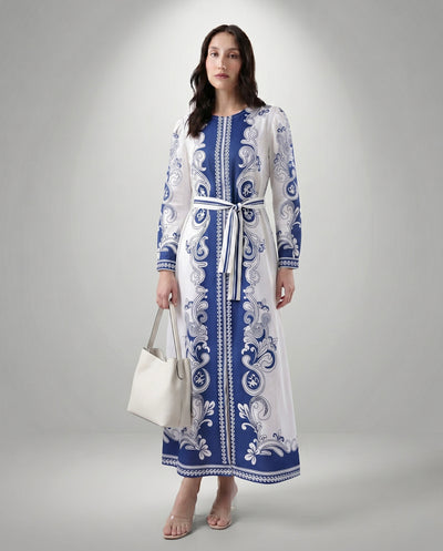 Blue and White Baroque Print Maxi Dress with Tie Belt