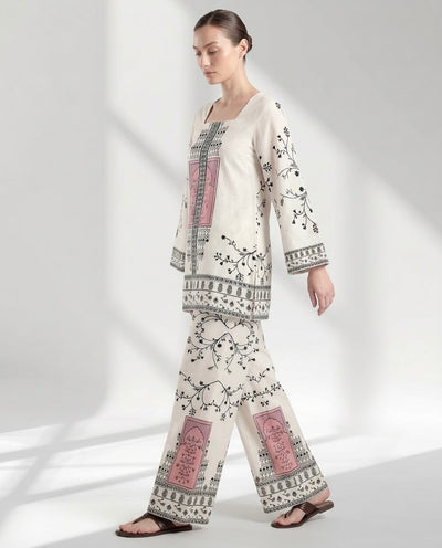 Cream and Charcoal Floral Motif Two-Piece Lounge Set
