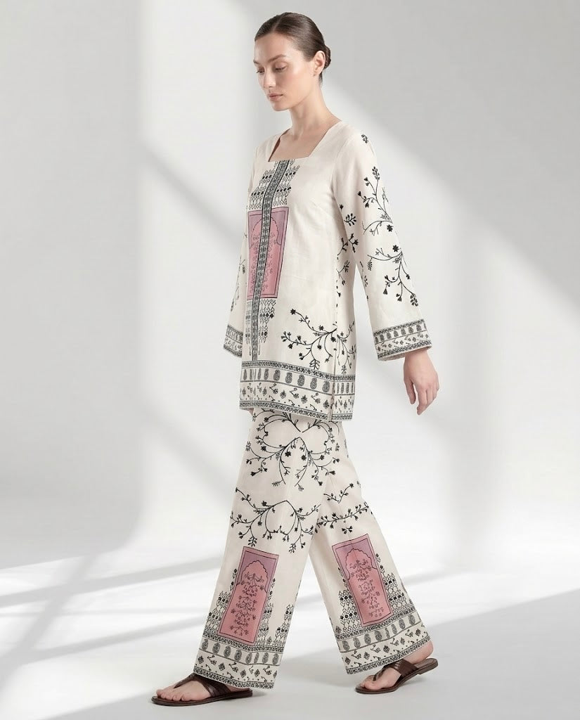 Cream and Charcoal Floral Motif Two-Piece Lounge Set
