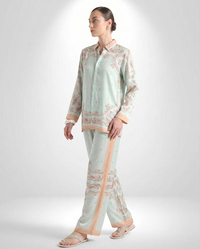 Mint Green Paisley Print Shirt & Wide-Leg Pants Co-Ord Set