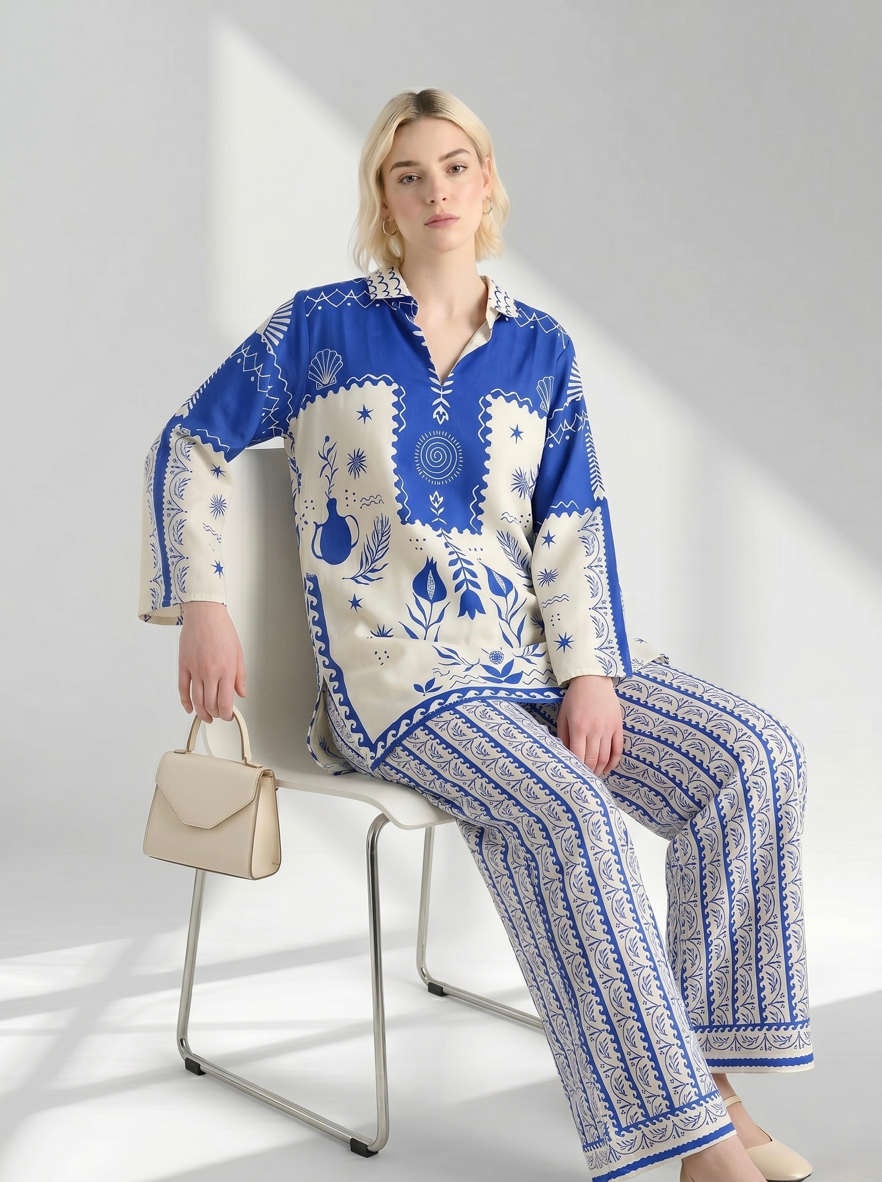 Two-Piece Geometric Floral Tunic and Trouser Set