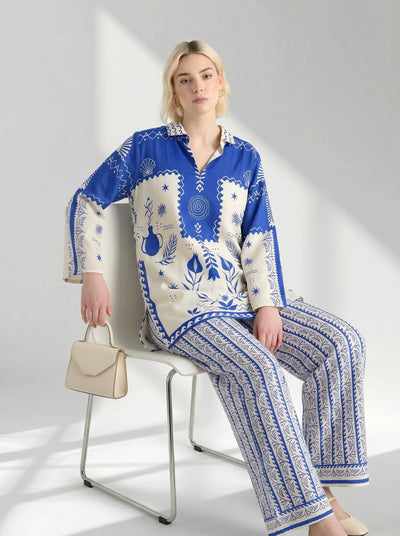 Two-Piece Geometric Floral Tunic and Trouser Set