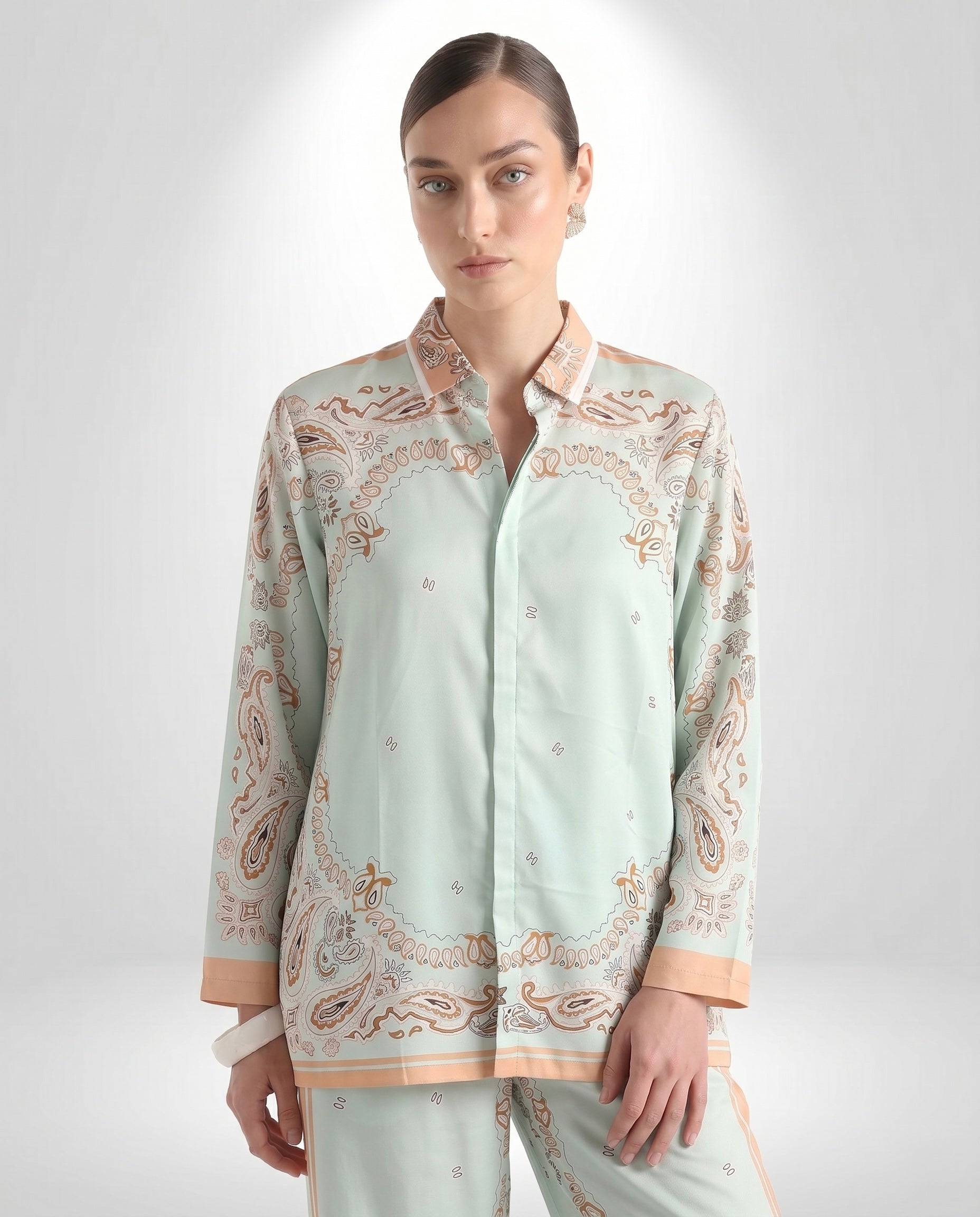 Mint Green Paisley Print Shirt & Wide-Leg Pants Co-Ord Set