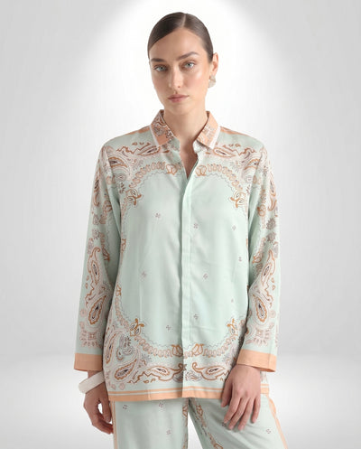 Mint Green Paisley Print Shirt & Wide-Leg Pants Co-Ord Set