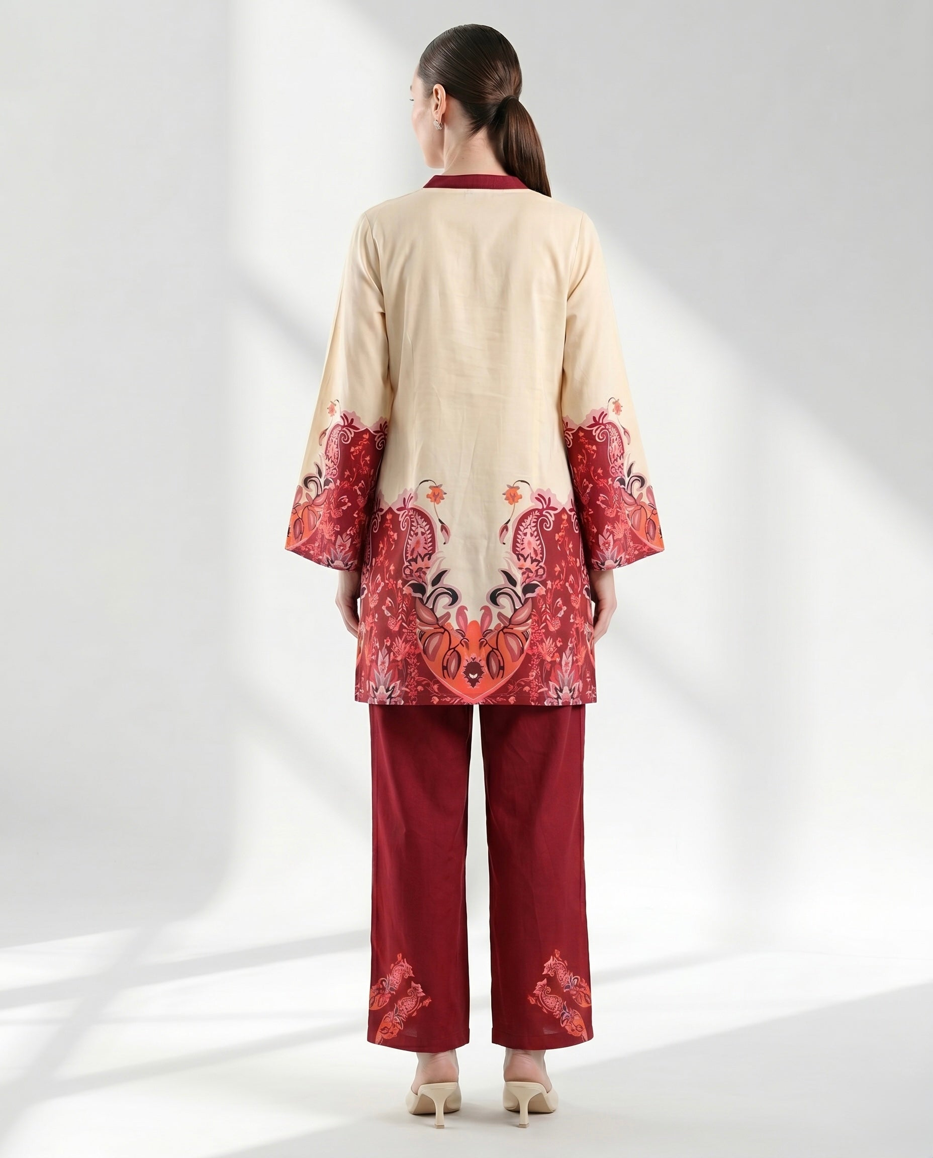 Red Paisley Border Print Two-Piece Lounge Set
