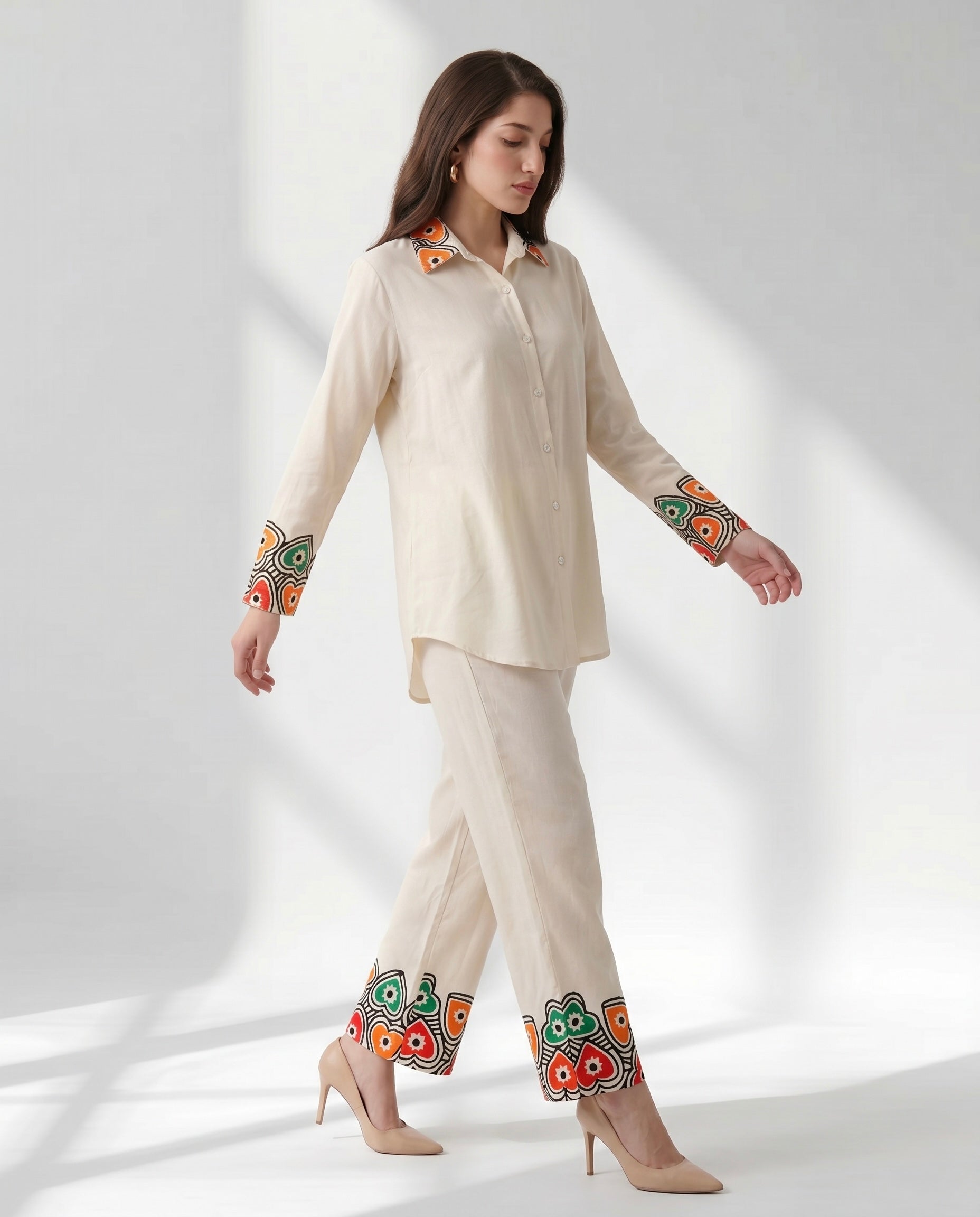 Ivory Button-Down Co-ord with Abstract Border Print