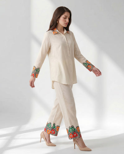 Ivory Button-Down Co-ord with Abstract Border Print