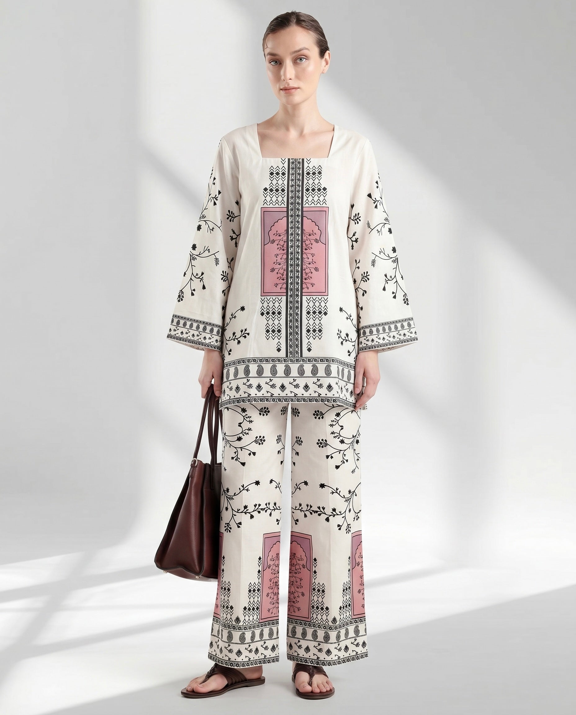 Cream and Charcoal Floral Motif Two-Piece Lounge Set