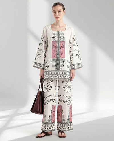 Cream and Charcoal Floral Motif Two-Piece Lounge Set