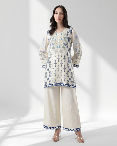 Women’s Ivory Blue Floral Printed Straight Kurti with Wide-Leg Palazzo Set