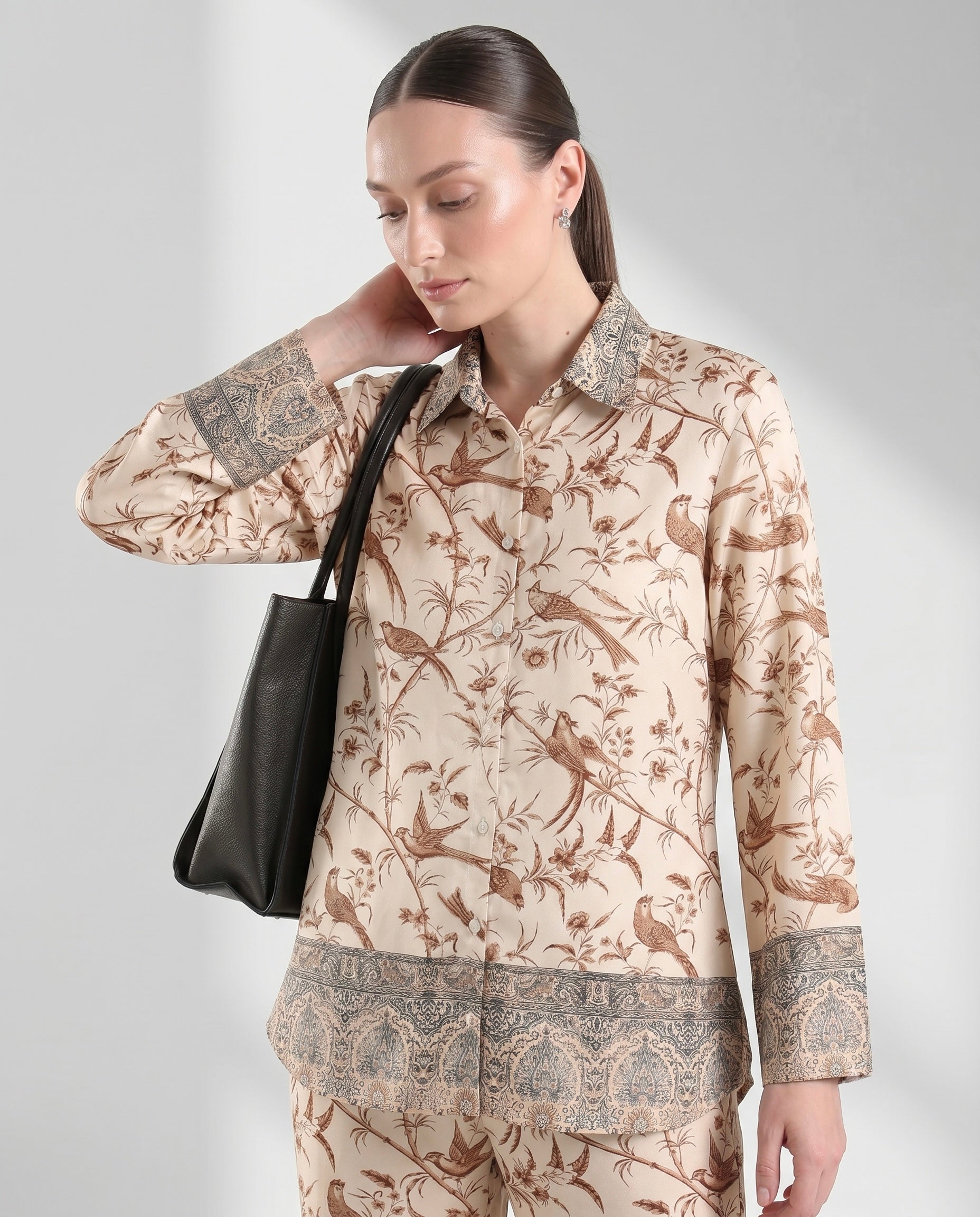 Women's Vintage Bird Motif Silk-Feel Lounge Set